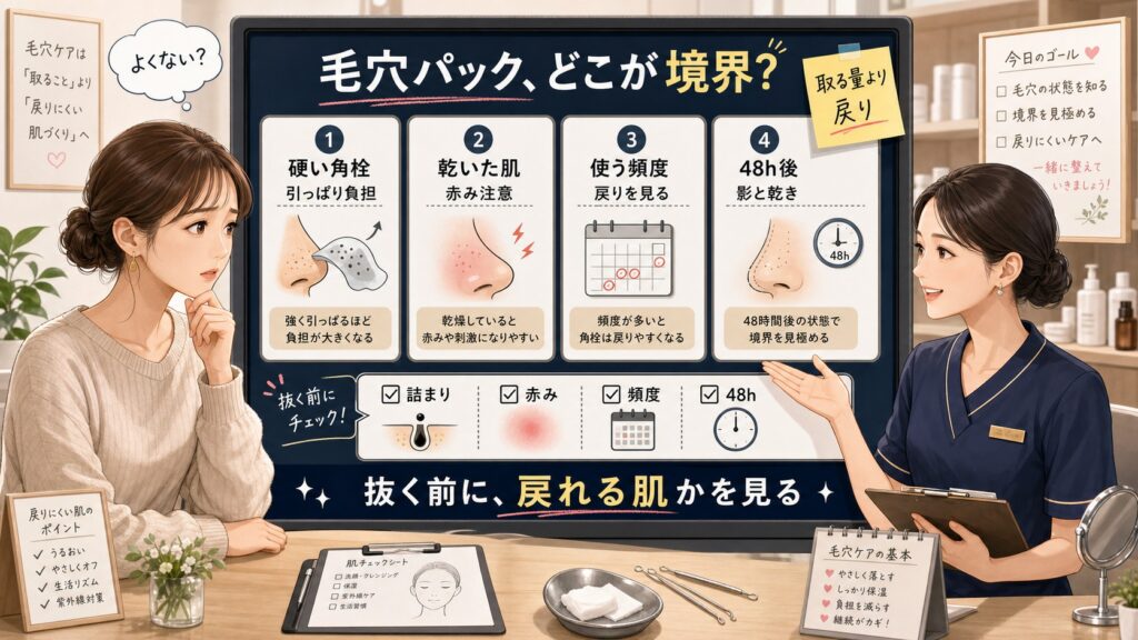 毛穴パックがよくない条件を硬い角栓、乾いた肌、使う頻度、48時間後の戻りで見分ける美容相談ボード