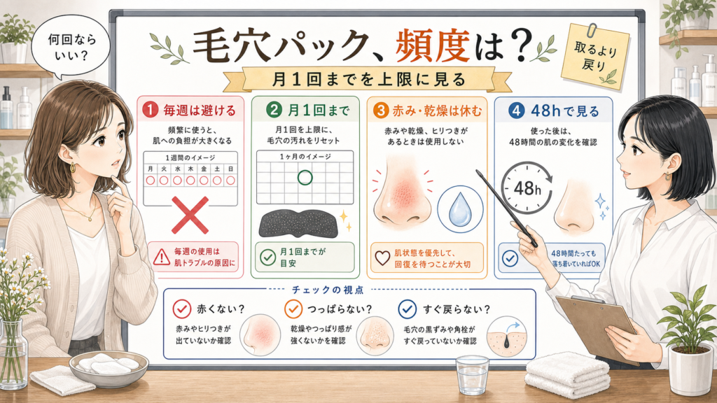 毛穴パックの頻度を月1回までの上限、赤み乾燥の休み時、48時間確認で整理した美容メディア風イラスト