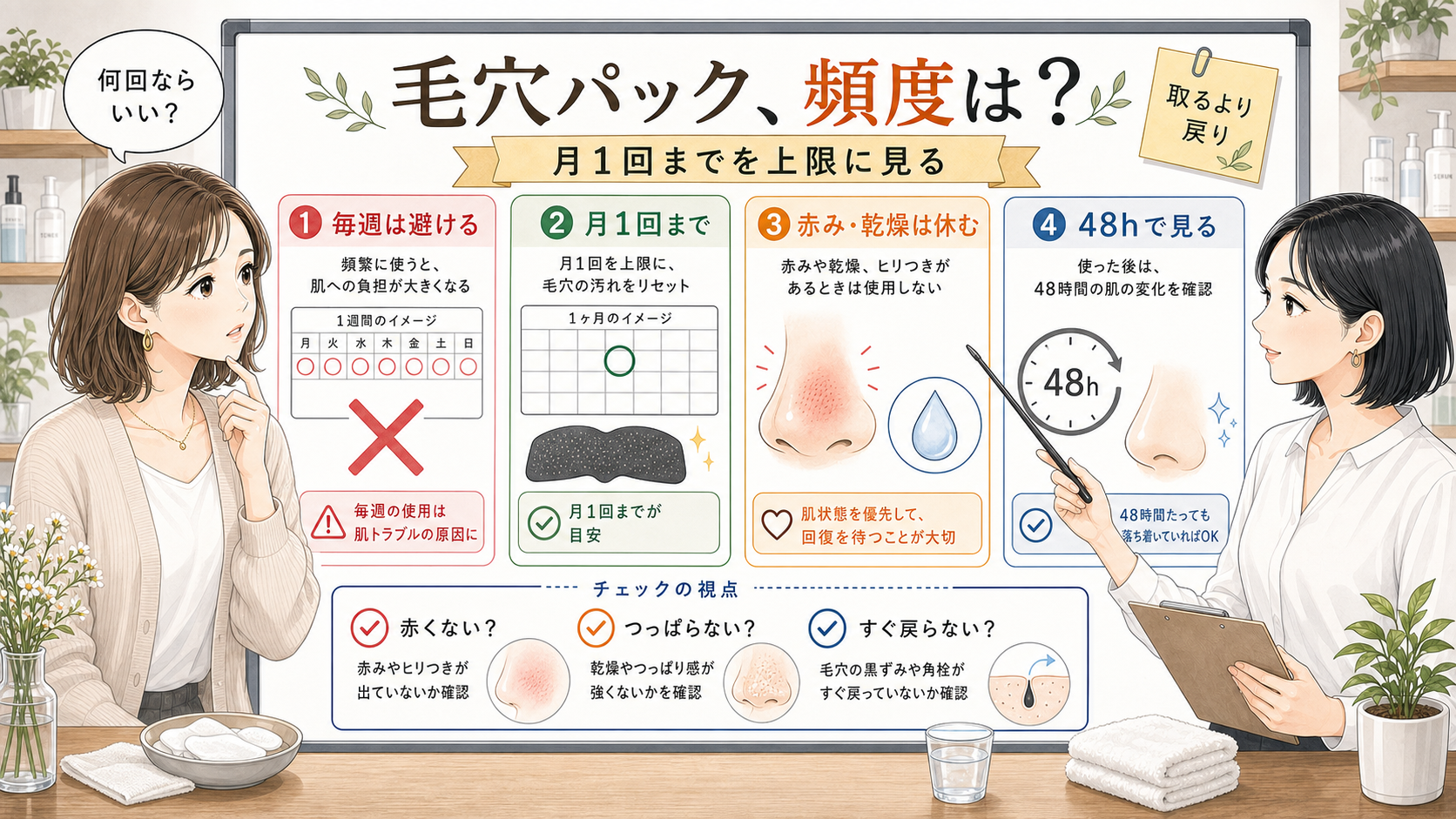 毛穴パックの頻度を月1回までの上限、赤み乾燥の休み時、48時間確認で整理した美容メディア風イラスト