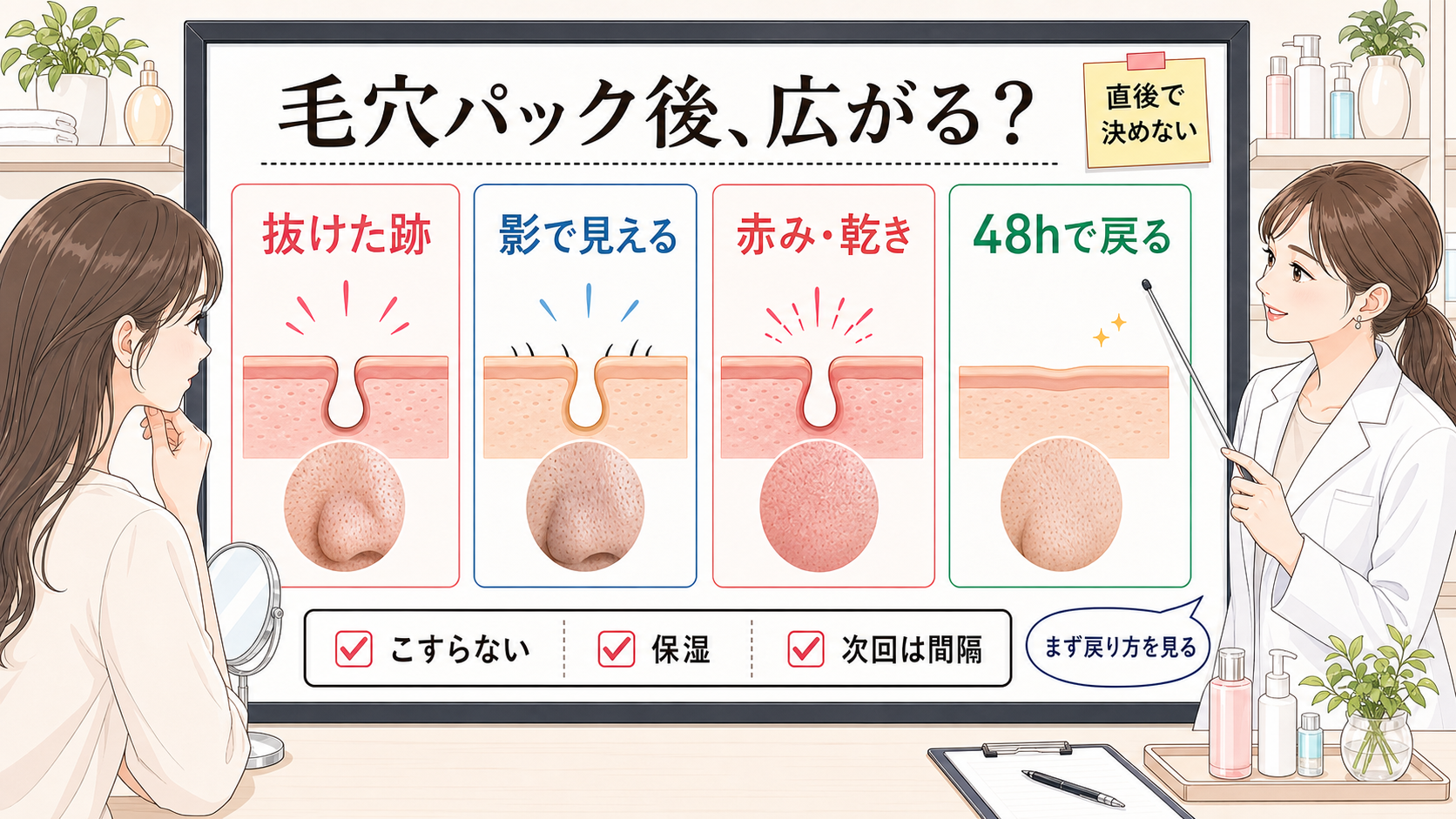毛穴パック後に毛穴が広がって見える理由を1207基準で比較する美容メディアの白ボード挿絵