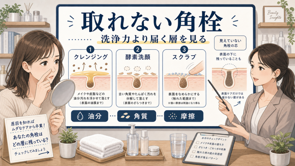 クレンジング酵素洗顔スクラブの届く層を油分角質摩擦で整理する相談ボードのアイキャッチ