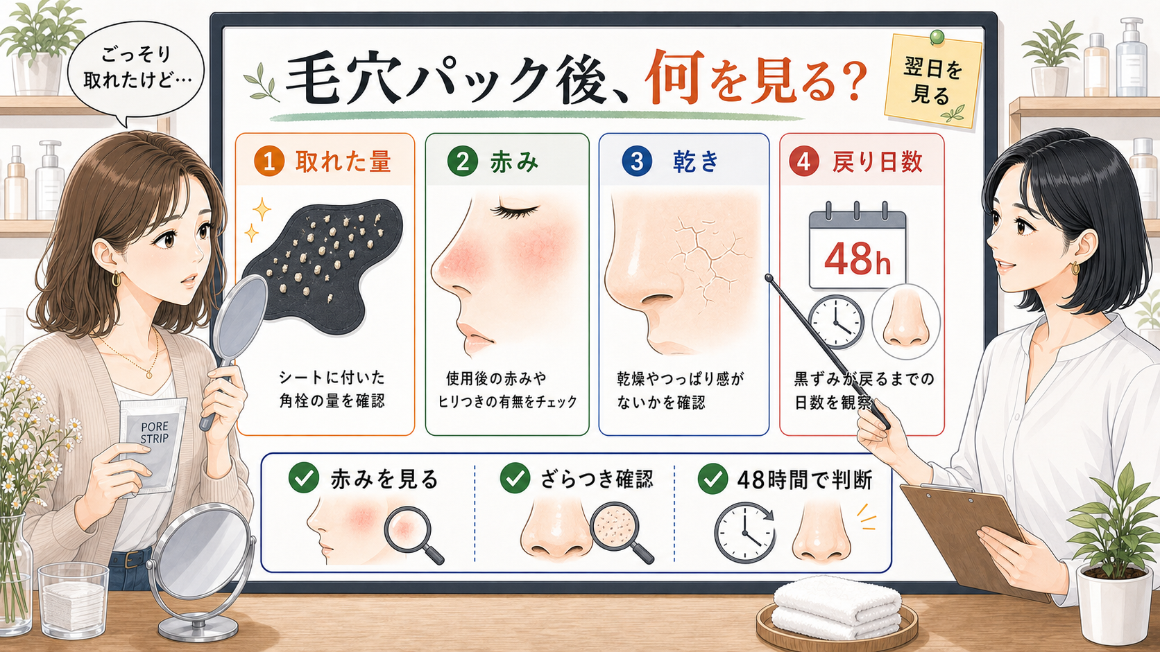 毛穴パックでごっそり取った後に赤みや乾きや戻り日数を見る美容相談イラスト