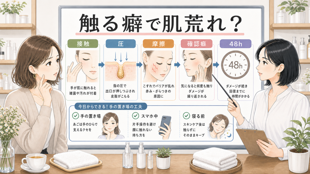 顔を触る癖で肌荒れが繰り返す理由を接触・圧・摩擦・48時間で整理する美容相談イラスト