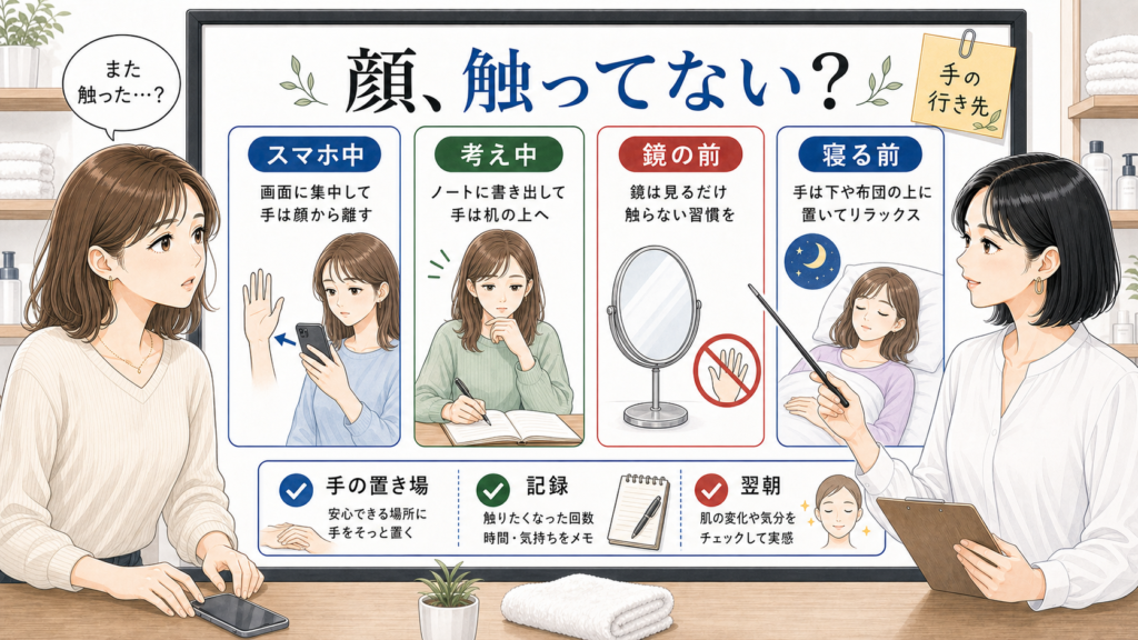 顔を触る癖をやめたい時にスマホ中や鏡の前や寝る前の手の置き場を整理する美容メディア風イラスト