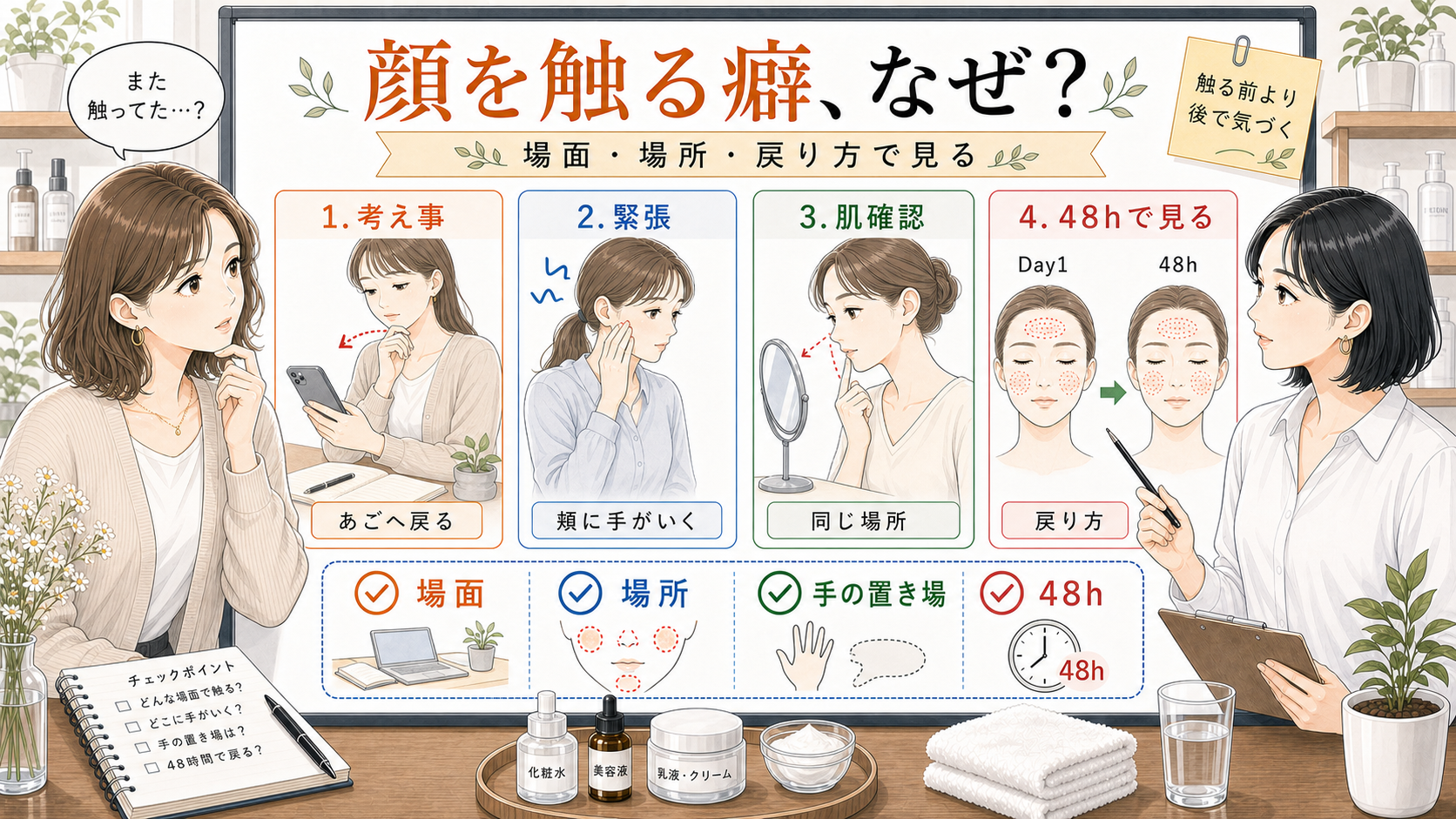 顔を触る癖が出る場面と場所と手の置き場を比較する解説ボード