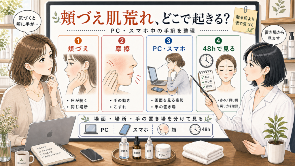 PCやスマホ中に頬へ手をつく癖と肌荒れの見方を千冬が相談ボードで整理するチョコブラのアイキャッチ