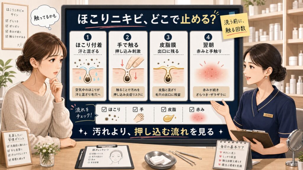 ほこりがニキビに見える流れを、手で触る回数、皮脂膜、翌朝の赤みで見分ける美容相談ボード