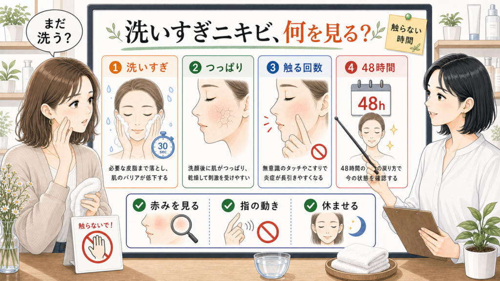 顔の洗いすぎでニキビが治らない時に赤みや触る回数を見る美容相談イラスト
