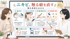 ニキビを触る癖を直すために鏡やスマホ中の手の置き場を示す美容メディア風アイキャッチ