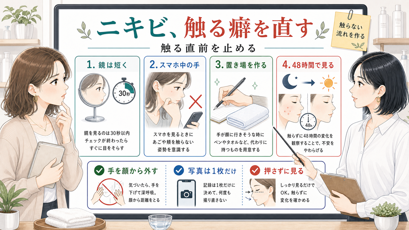 ニキビを触る癖を直すために鏡やスマホ中の手の置き場を示す美容メディア風アイキャッチ