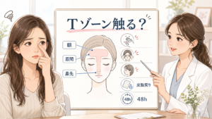 Tゾーンのテカりとニキビを鼻先・眉間・額の接触と48時間で整理する美容相談イラスト