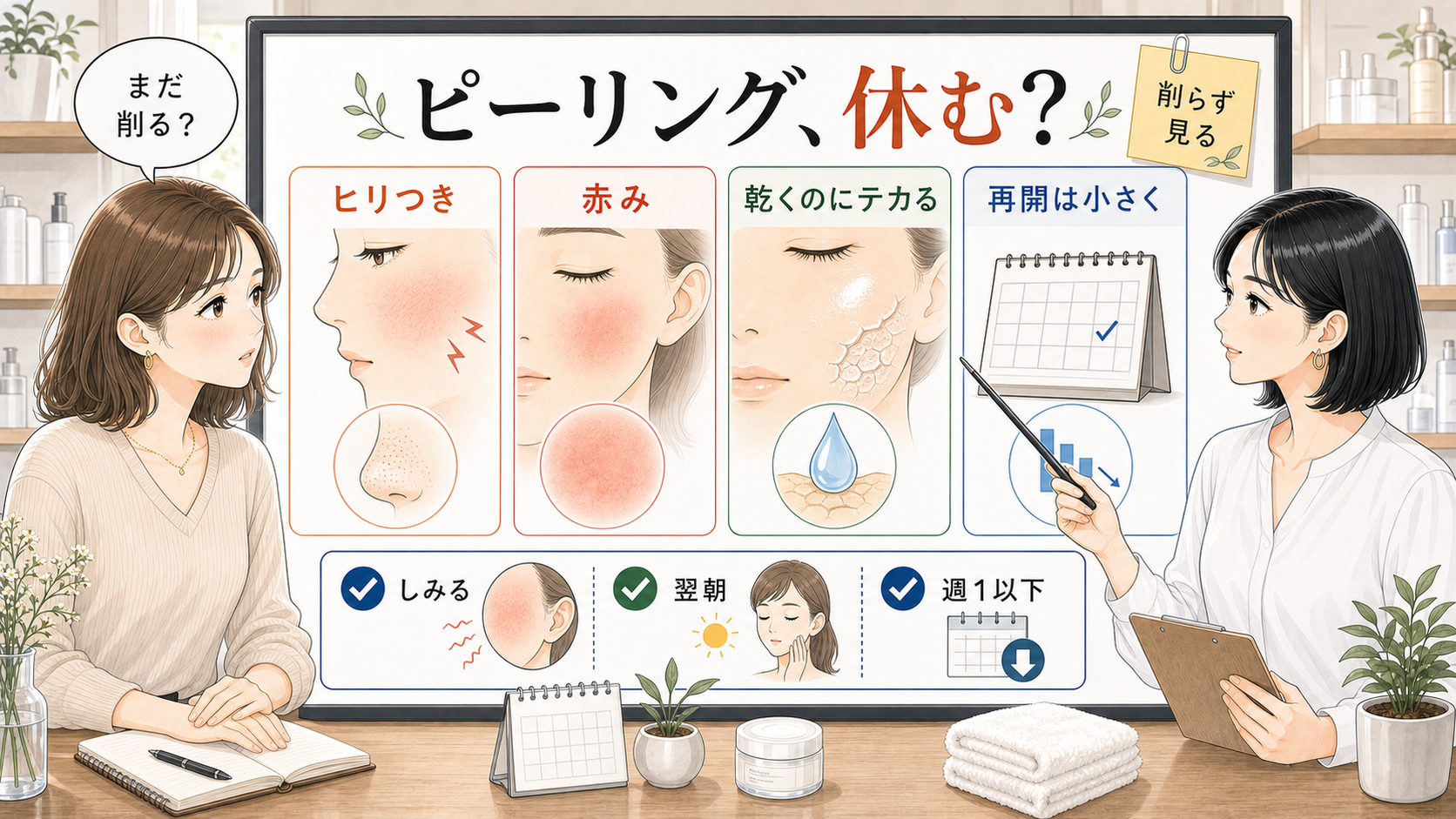 ピーリングをしすぎた肌の赤みや乾燥を休ませる判断を示したイラスト