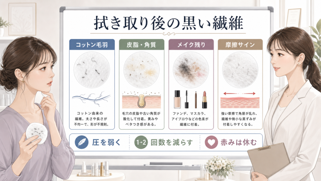 拭き取り化粧水で黒い繊維が出る理由と摩擦による黒ずみの見分け方を示す美容メディア風アイキャッチ