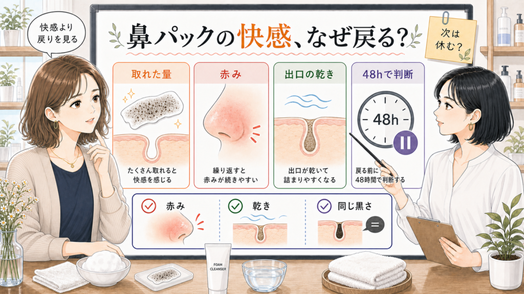 鼻パック後の黒ずみを取れた量・赤み・出口の乾き・48時間判断で見る1207基準のイラスト修正版