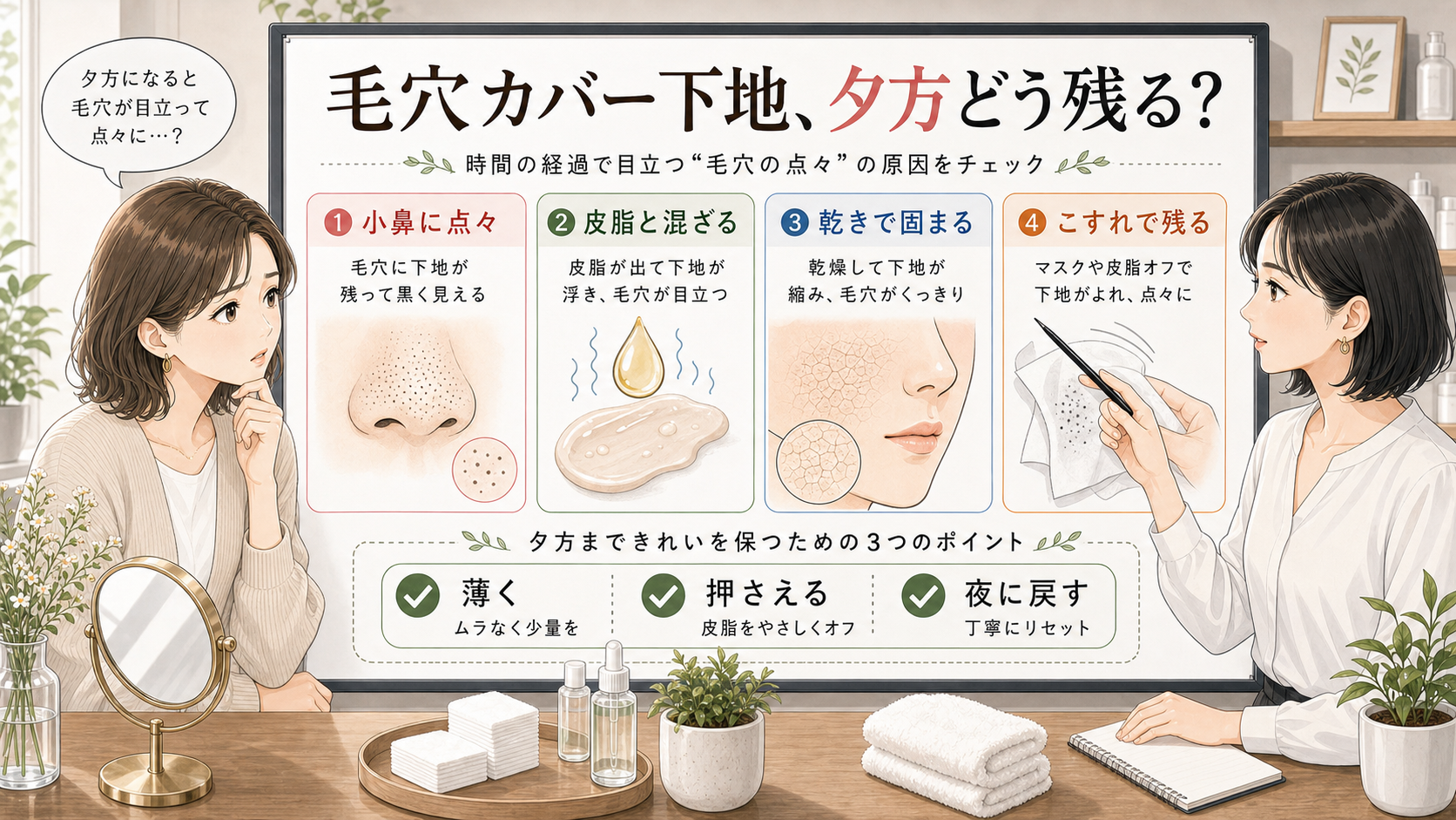 毛穴カバー下地が夕方に点々として残る原因を整理した美容相談ボード