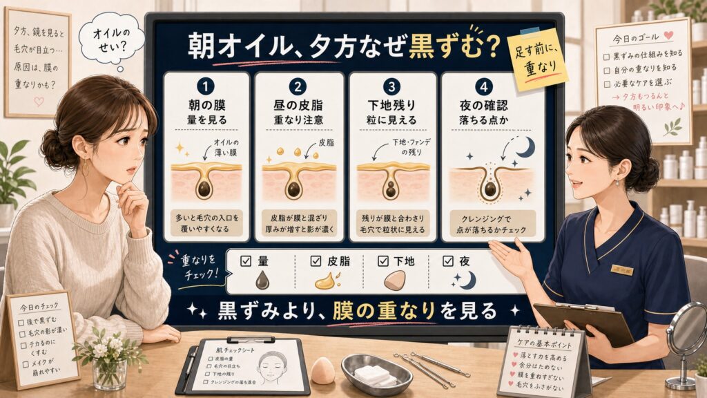 朝オイルで夕方の毛穴が黒ずむ流れを、朝の膜、昼の皮脂、下地残り、夜の確認で見分ける美容相談ボード