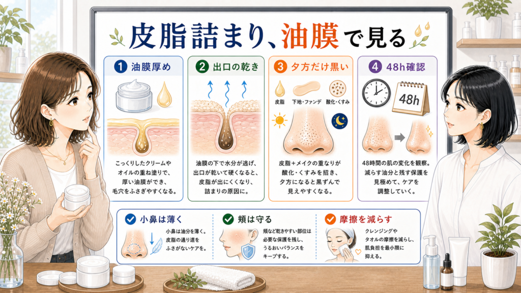 毛穴の皮脂詰まりを油膜厚め、出口の乾き、夕方だけ黒い、48時間確認で整理するアイキャッチ