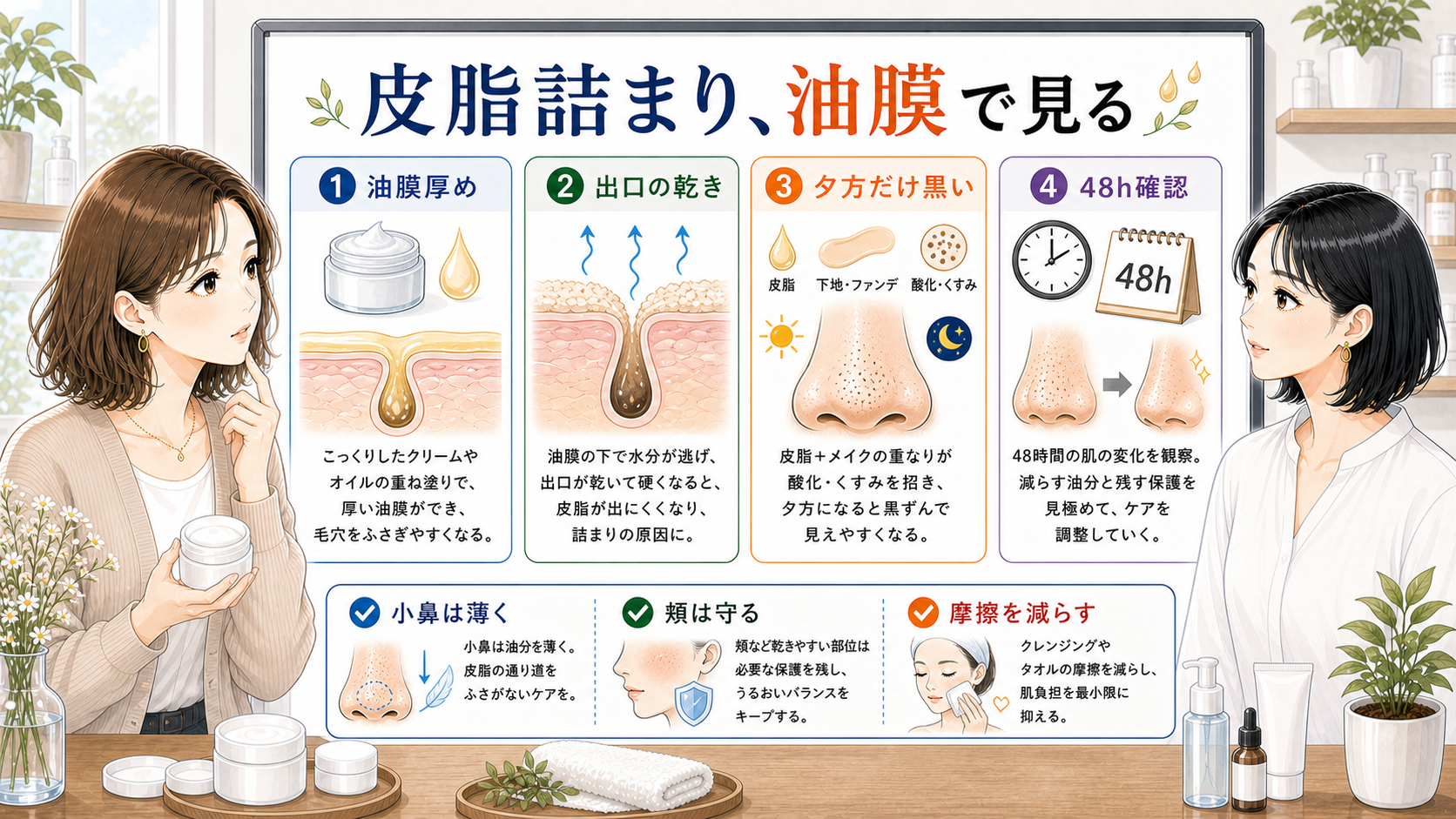 毛穴の皮脂詰まりを油膜厚め、出口の乾き、夕方だけ黒い、48時間確認で整理するアイキャッチ