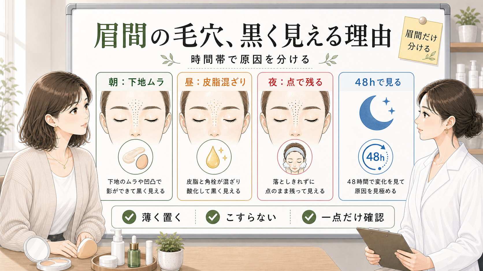眉間の毛穴が黒く見える原因を朝昼夜で分ける比較イラスト