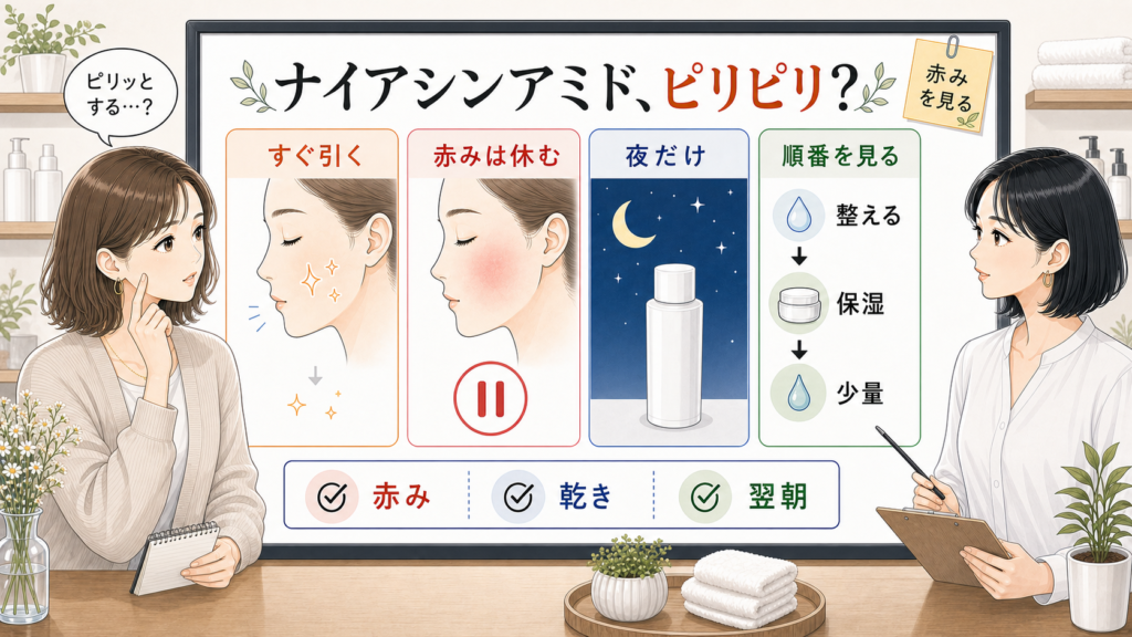 ナイアシンアミドでピリピリする時に赤みや乾きや翌朝の戻り方を分けて見る美容メディア風イラスト