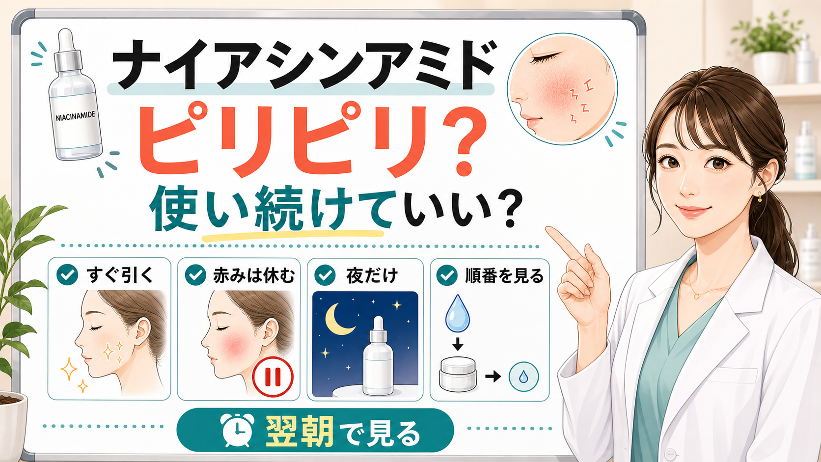 ナイアシンアミドでピリピリする時に赤み・夜だけ・順番・翌朝確認を見るアイキャッチ