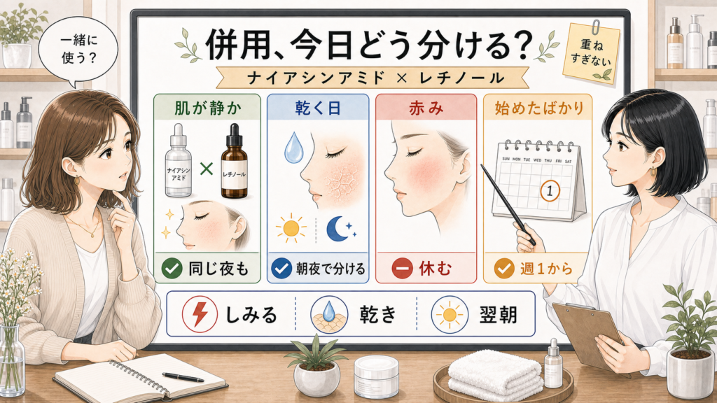 ナイアシンアミドとレチノールの併用を肌が静かな日・乾く日・赤み・始めたばかりで分ける比較ボード