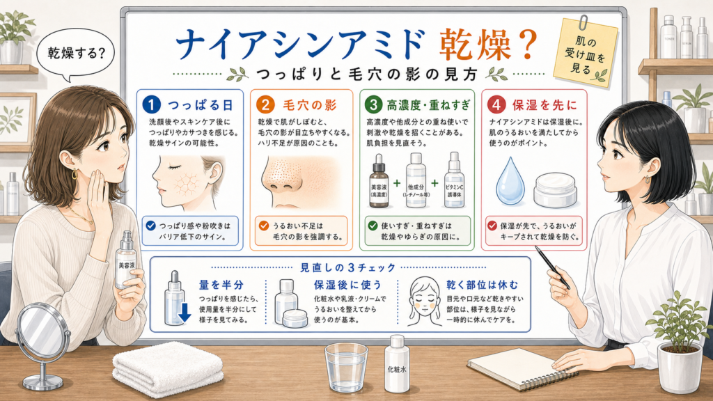 ナイアシンアミドと乾燥をつっぱりと毛穴の影で整理する比較ボード