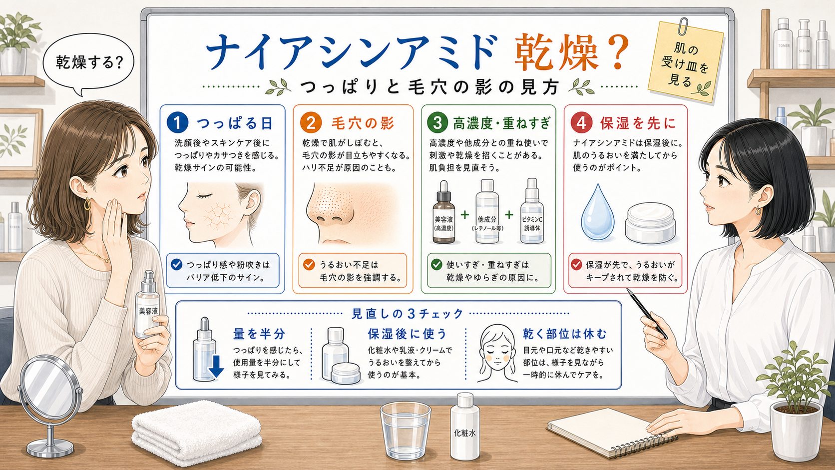 ナイアシンアミドと乾燥をつっぱりと毛穴の影で整理する比較ボード