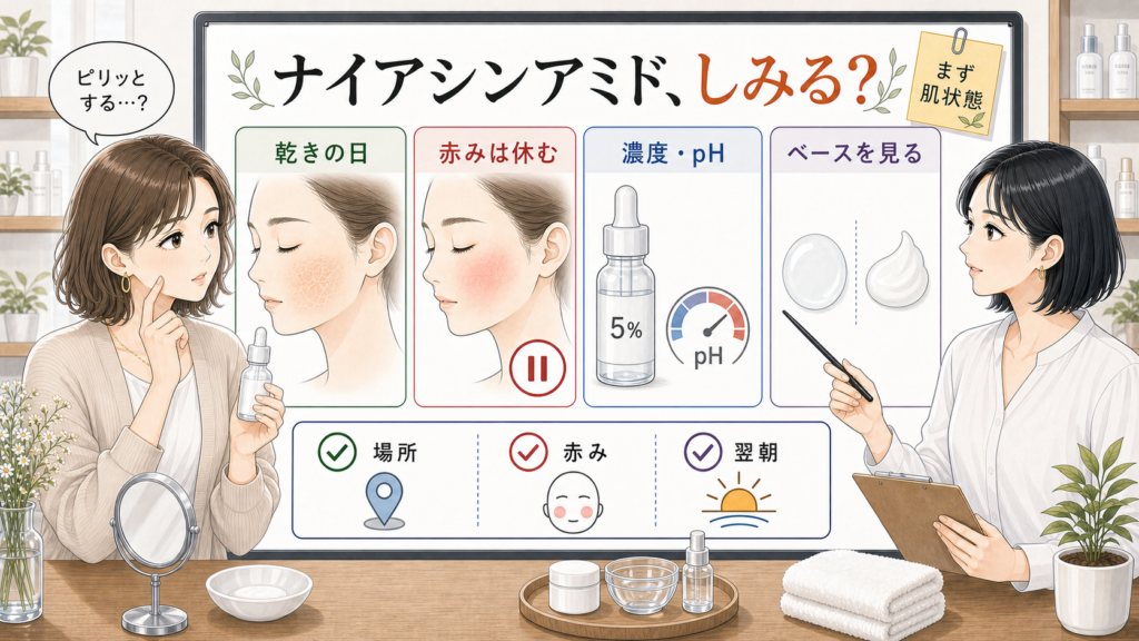 ナイアシンアミドがしみる時に肌状態と濃度pHベースを見る美容メディア風イラスト