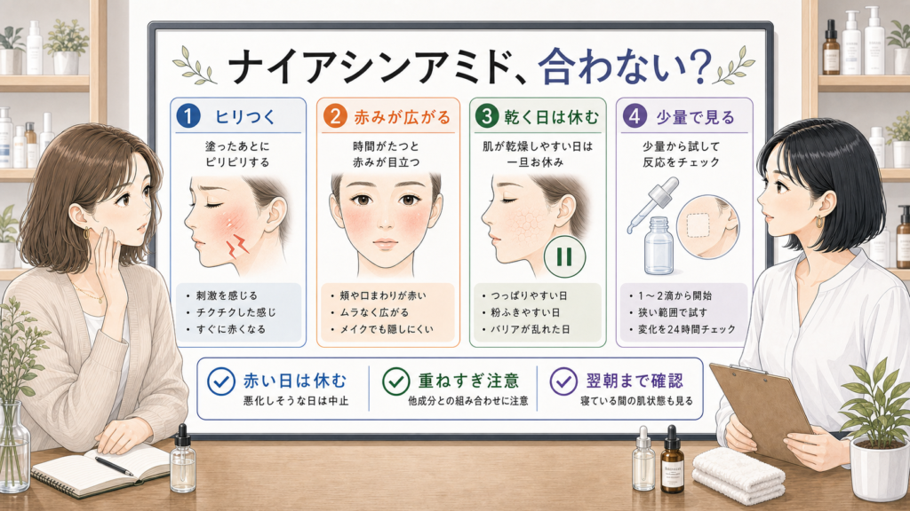 ナイアシンアミドが合わない人の赤みやヒリつきを整理する美容相談ボード