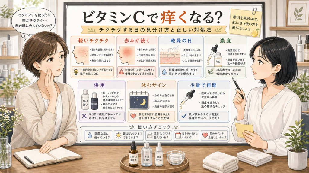 ビタミンCで肌が痒くなる時のチクチク・赤み・乾燥・併用を見分ける相談ボード