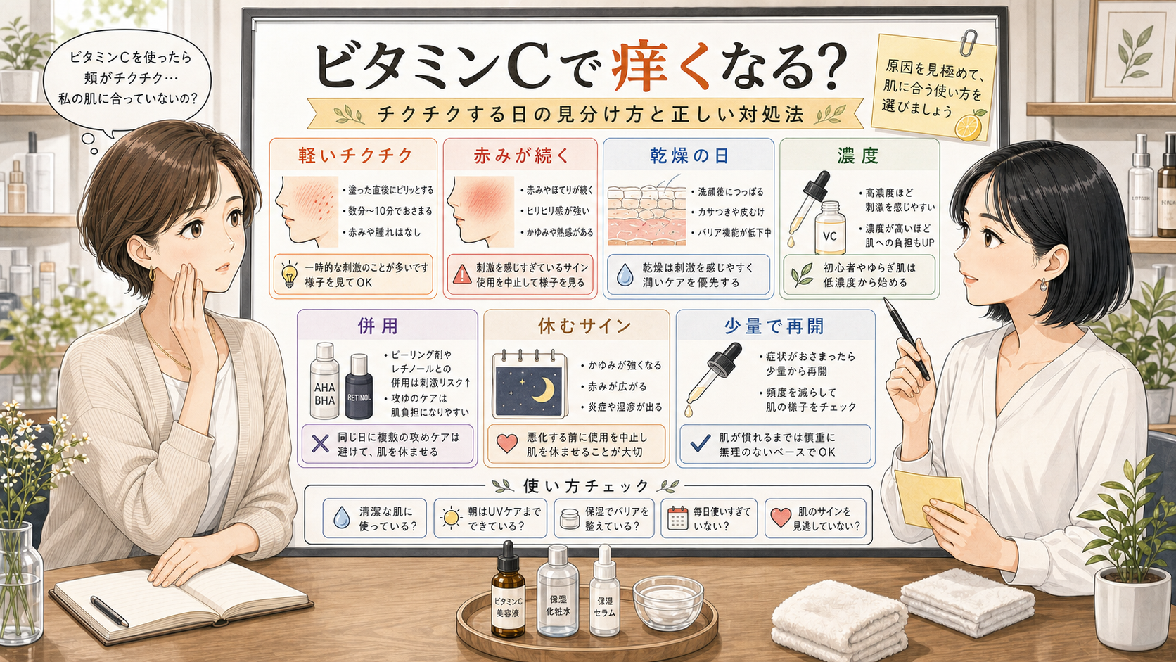 ビタミンCで肌が痒くなる時のチクチク・赤み・乾燥・併用を見分ける相談ボード