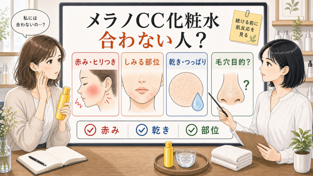 メラノCC化粧水が合わない人を赤み、しみる部位、乾き、毛穴目的で整理する1207基準の美容メディア風イラスト