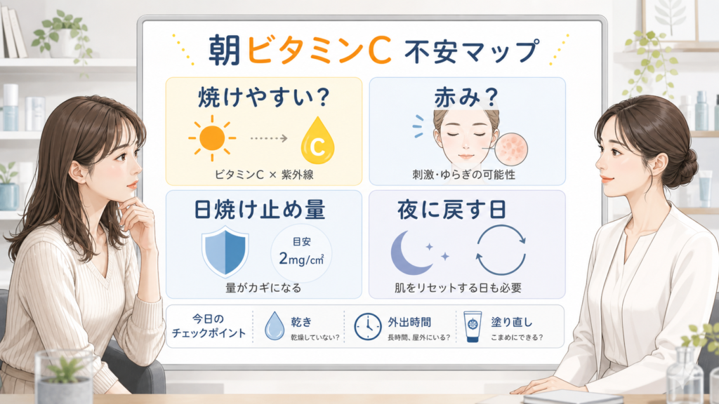 朝ビタミンCで日焼けしやすくなる不安を整理する美容メディア風アイキャッチ