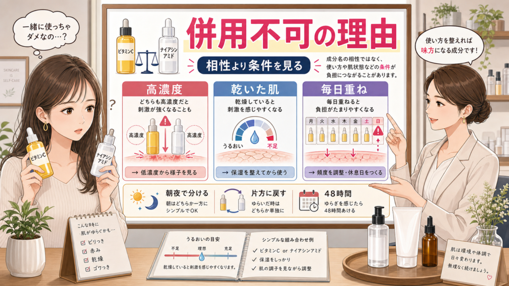 ビタミンCとナイアシンアミドの併用不可理由を高濃度乾いた肌毎日重ねで整理する相談ボードのアイキャッチ