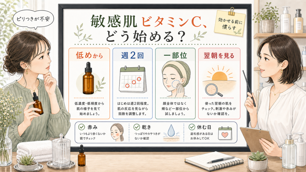 敏感肌がビタミンCを始める時に低めの濃度や週2回や一部位や翌朝確認を見る美容メディア挿絵