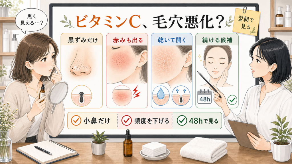 ビタミンCで毛穴が悪化したように見える時の黒ずみ・赤み・乾き・続ける候補を整理する美容相談ボード
