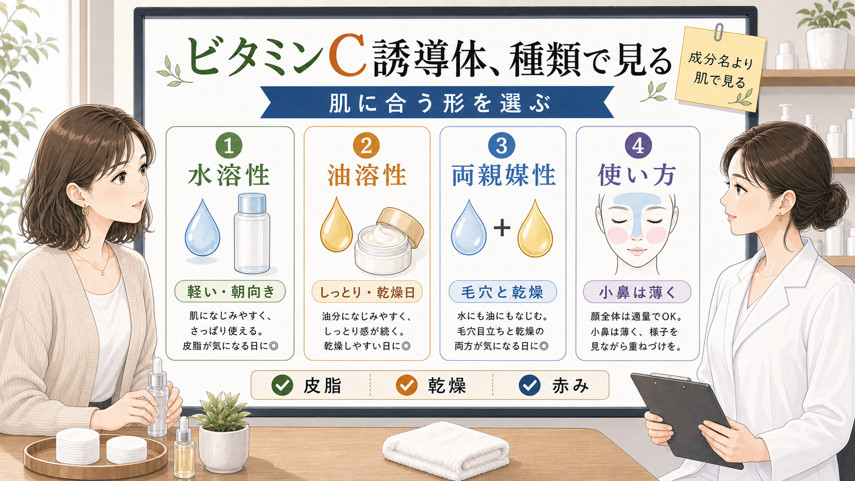ビタミンC誘導体の水溶性・油溶性・両親媒性と肌状態別の選び方を整理した美容相談ボード