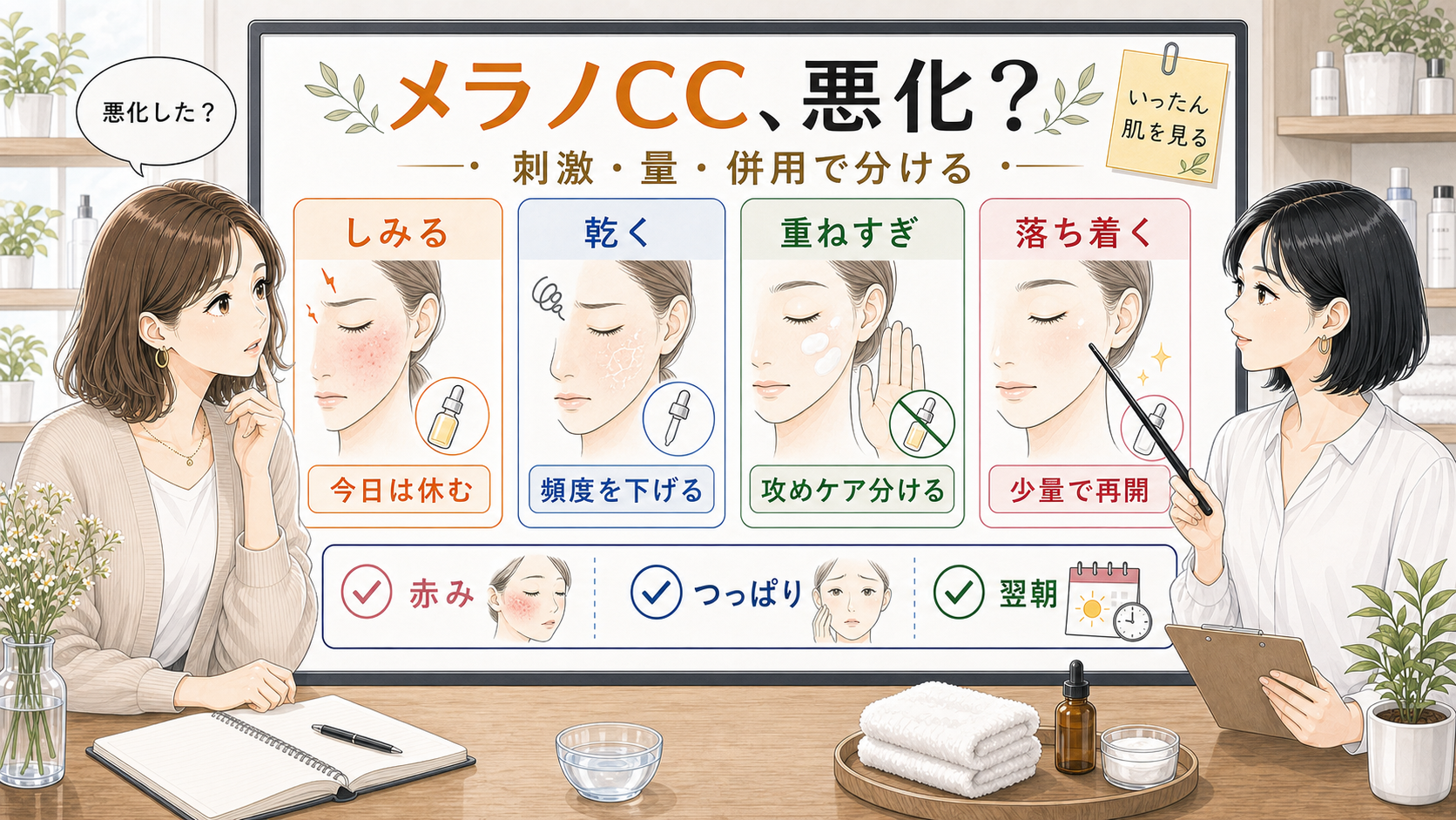 メラノCCでニキビが悪化したように見える時の判断を示す解説イラスト