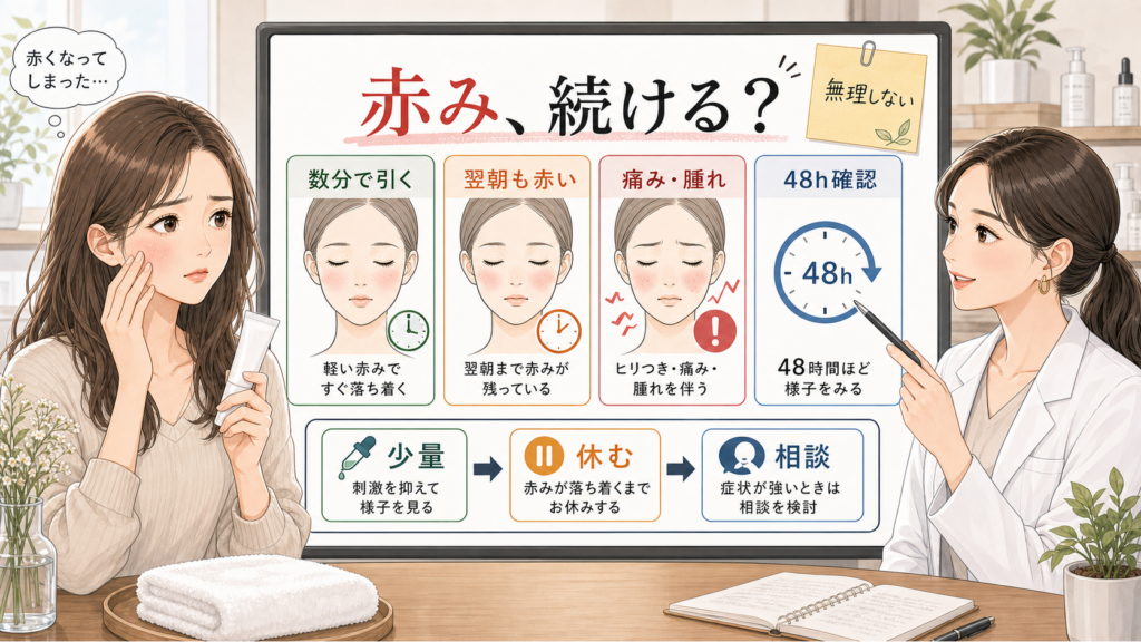 アゼライン酸で赤みが出た時に数分・翌朝・痛み腫れ・48時間で続行や休止や相談を整理する美容相談イラスト