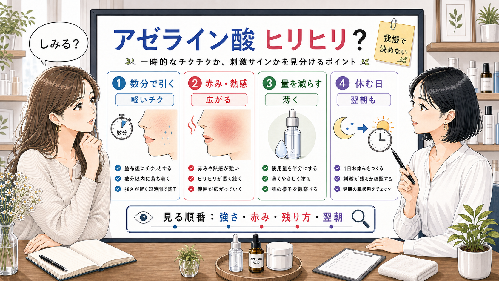 アゼライン酸でヒリヒリする時に刺激の残り方と赤み翌朝で見る判断ボード