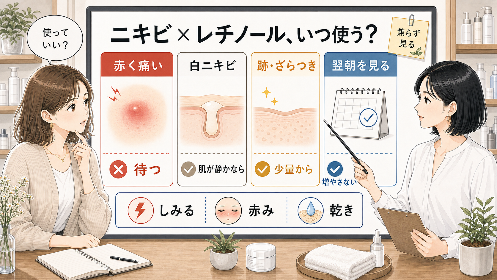 ニキビにレチノールを使うタイミングを赤み・白ニキビ・跡ざらつき・翌朝確認で整理した比較ボード