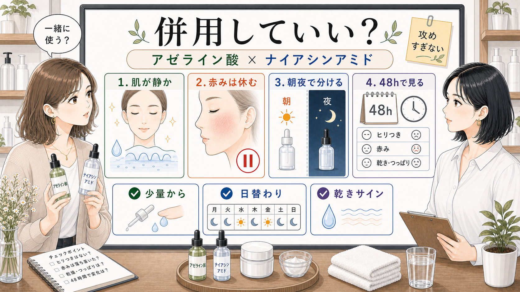 アゼライン酸とナイアシンアミドの併用を赤みと乾きで判断する図