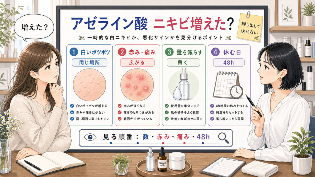 アゼライン酸でニキビが増えた時に白ニキビ赤み痛み48時間で見る判断ボード