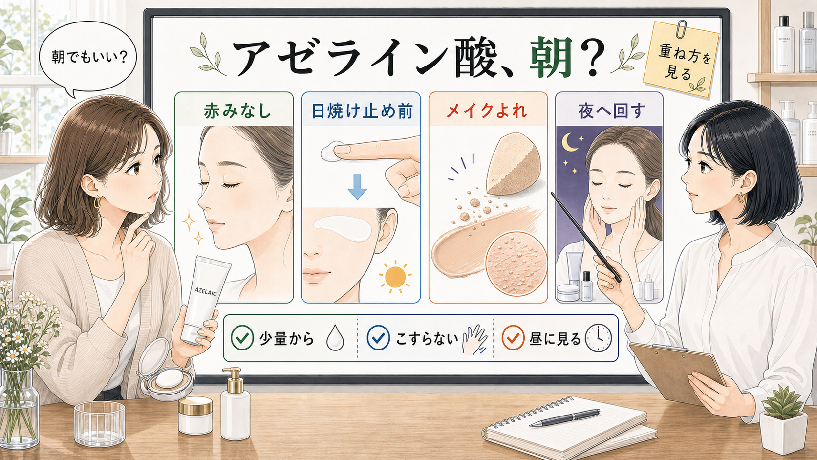 アゼライン酸を朝に使うかを赤み・日焼け止め・メイクよれ・夜へ回す判断で整理した図