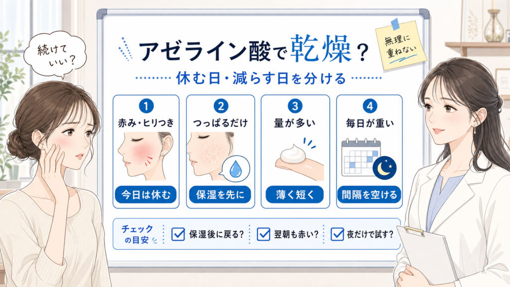 アゼライン酸で乾燥やつっぱりを感じる日の休むサイン、保湿、量、頻度を整理した美容メディア風イラスト