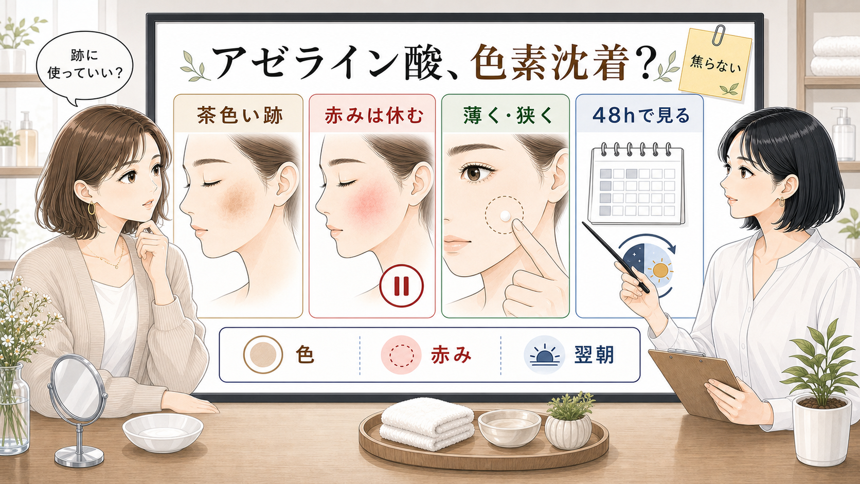 アゼライン酸を色素沈着に使う時に茶色い跡と赤みを分けて見る美容メディア風イラスト