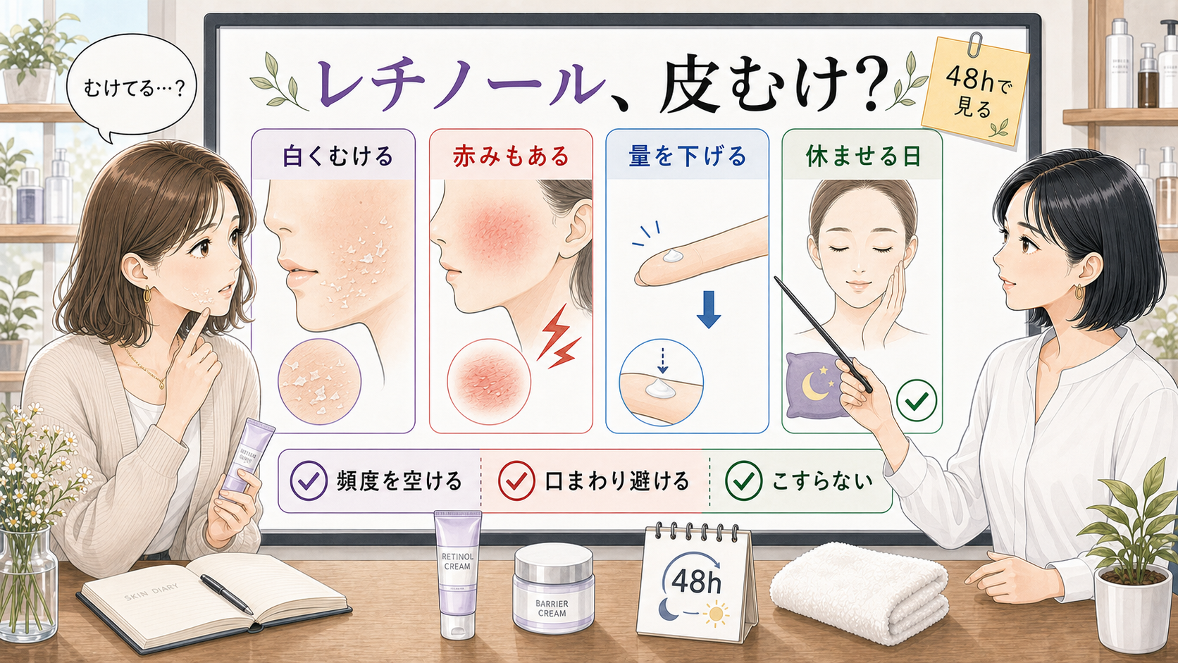 レチノールで皮むけが出た時の白い皮むけ・赤み・量の調整・休ませる日を整理する美容相談ボード