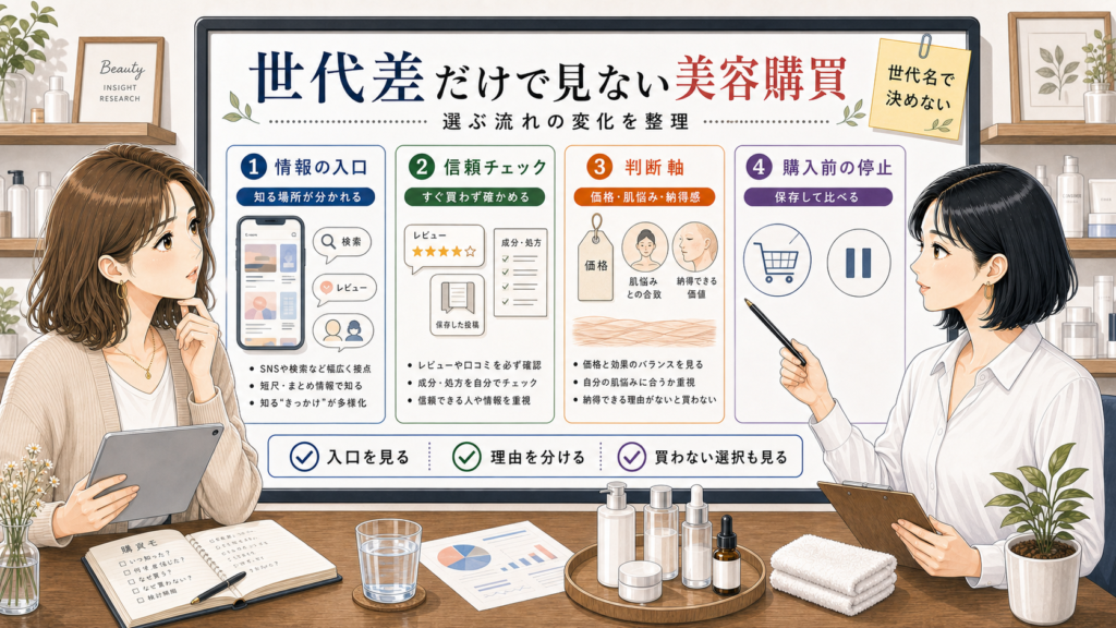 世代差だけで見ない美容購買の変化を情報の入口や信頼チェック、判断軸から整理する相談ボード