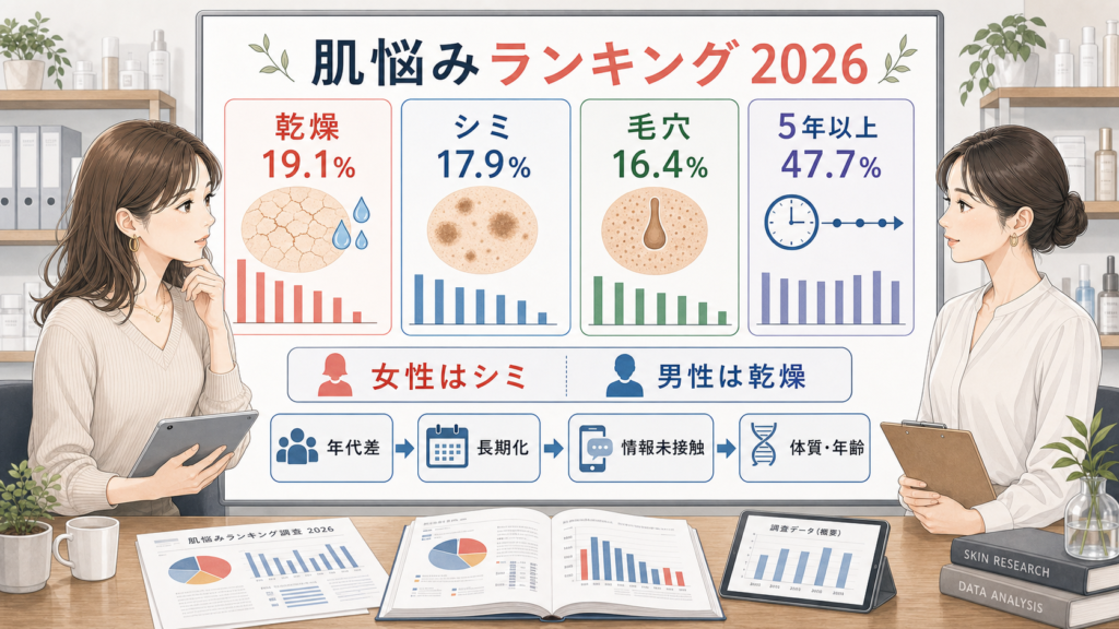 2026年版の肌悩みランキング調査を乾燥・シミ・毛穴・長期化のデータで示す分析ボード